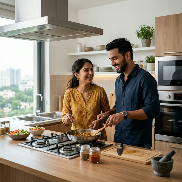 Indian couple cooking in modern kitchen