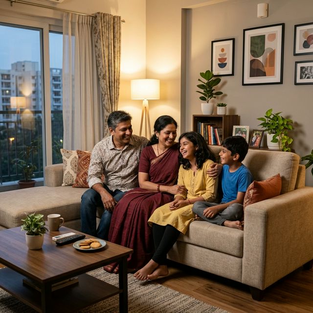 Happy Indian family in serviced apartment